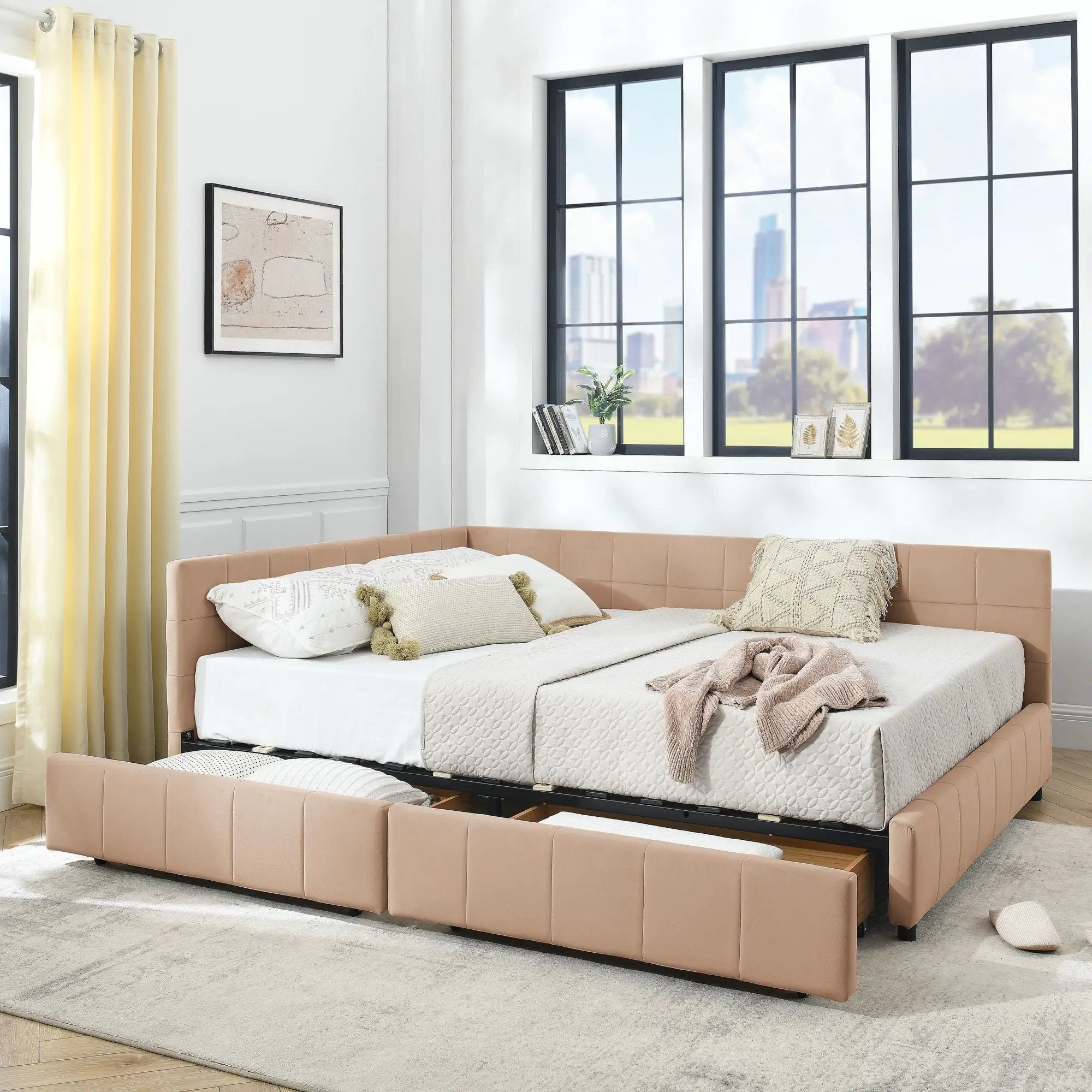 Mid-Century Storage Upholstered Tufted Bed Frame With Backrest And Armrests by HouseOfZazla