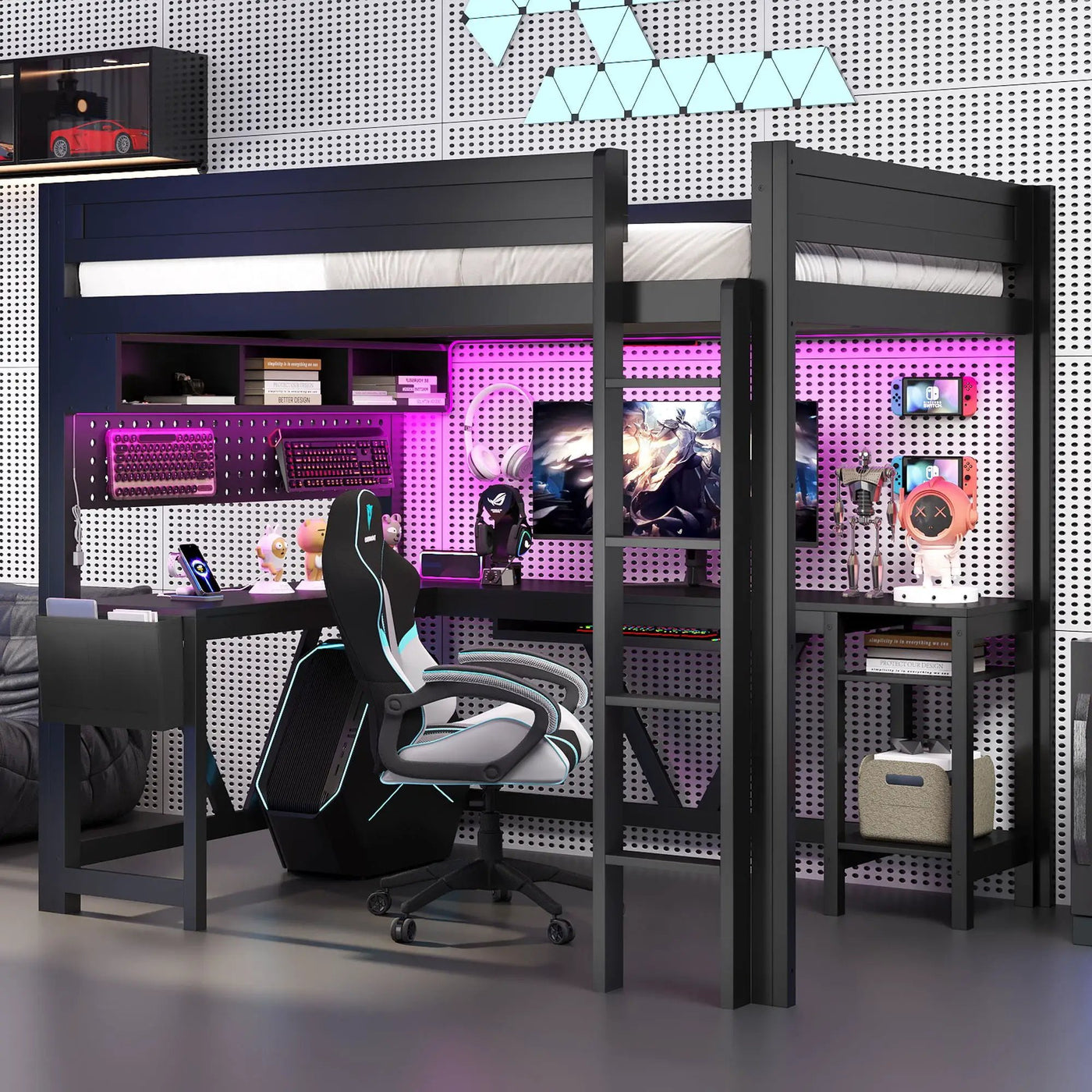 Gaming Loft Bed With Desk, Storage Shelves, LED And Charging Station by HouseOfZazla