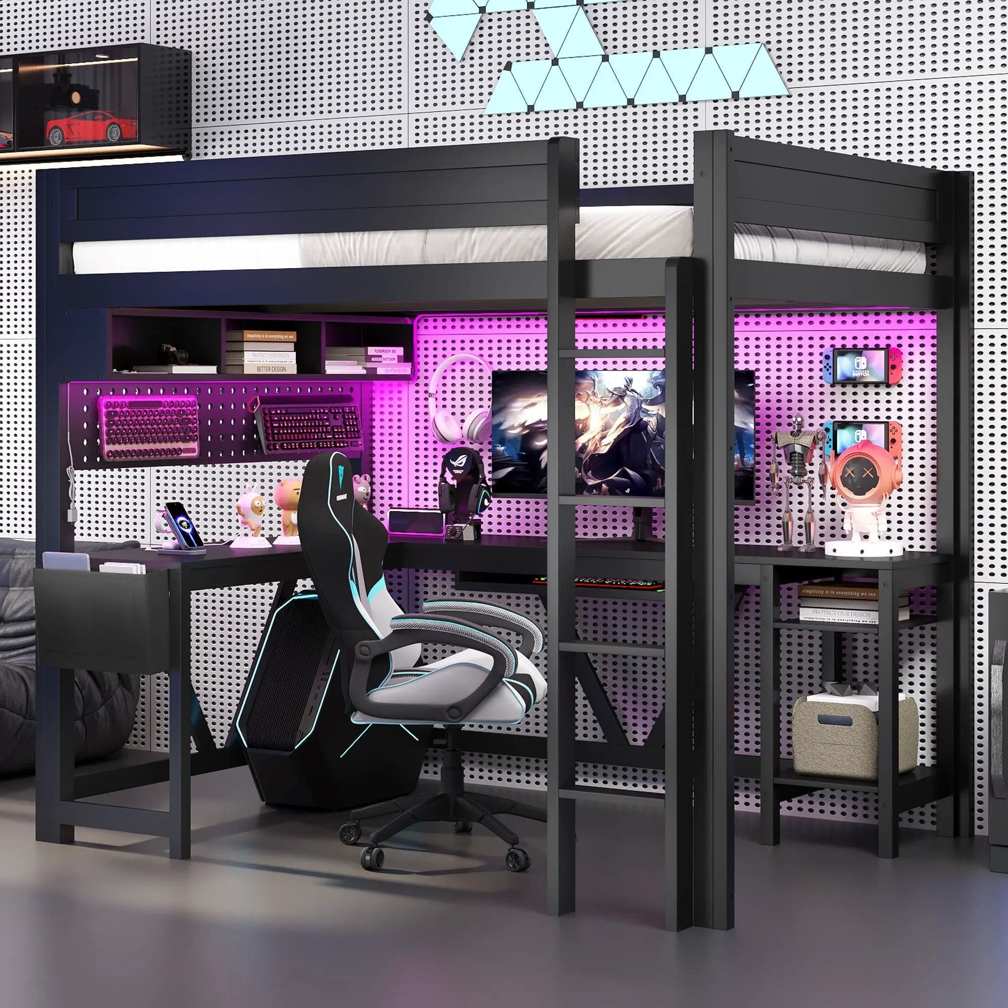 Gaming Loft Bed With Desk, Storage Shelves, LED And Charging Station by Unique Piece Furniture