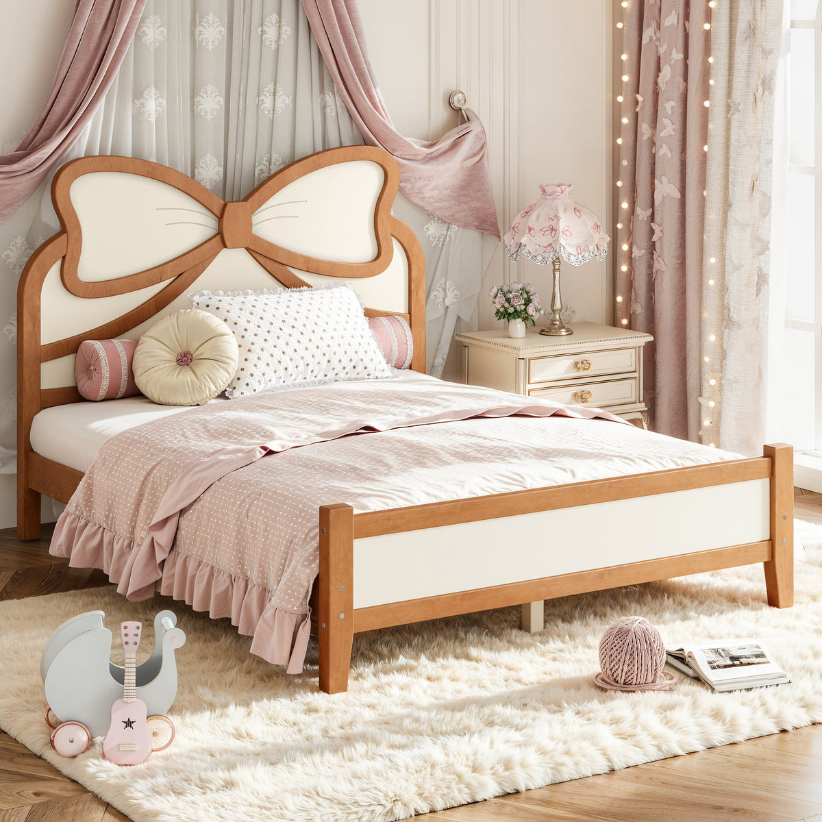 Full Size Wooden Platform Bed with Bow Headboard, Solid Wood Bed Frame with Slatted Support, Low Profile Platform Bed for Kid Teens Girls, No Box Spring Needed,Beige&Natural, photo 3 of 10