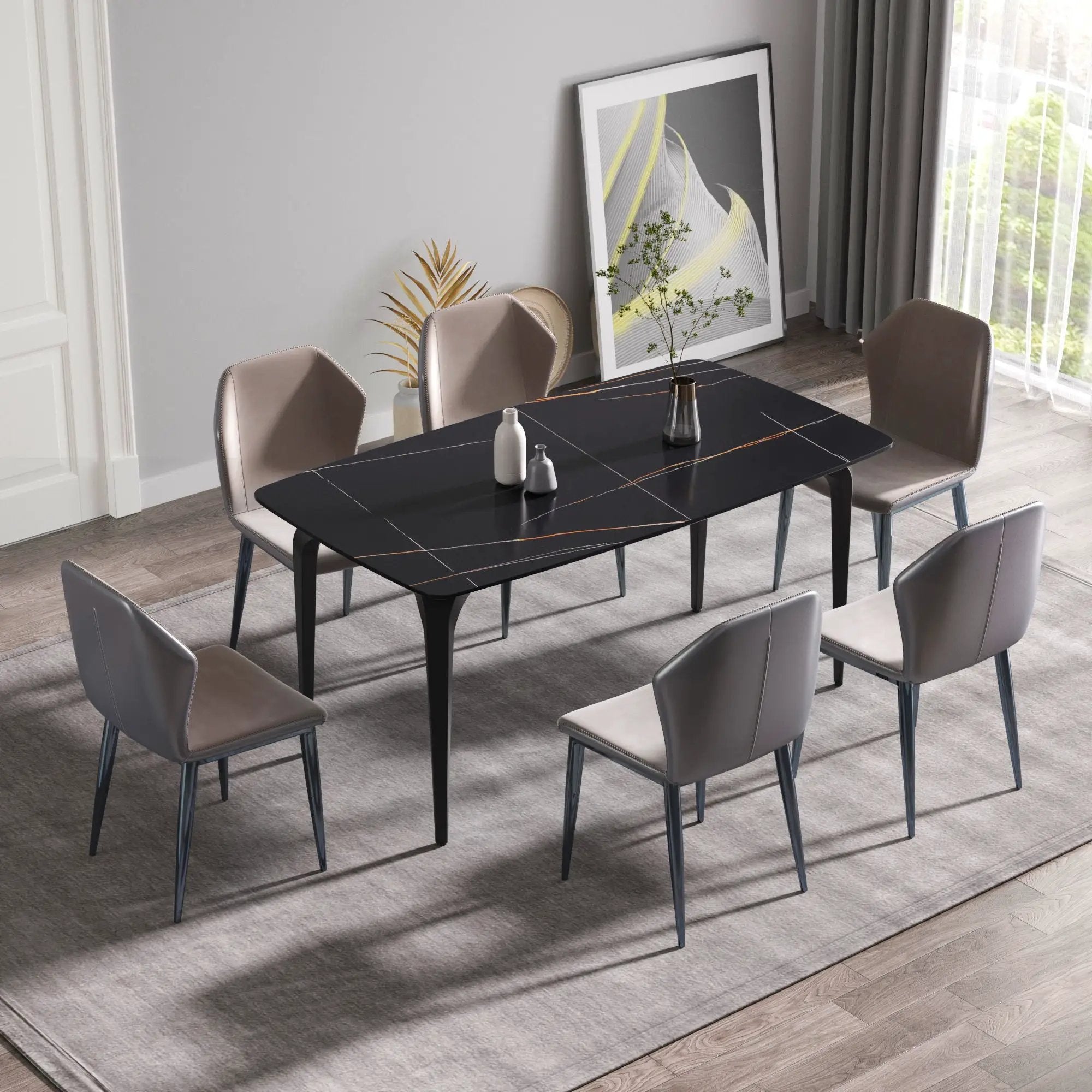 63" Artificial Stone Black Curved Black Metal Leg Dining Table, 6 People - Black by Unique Piece Furniture