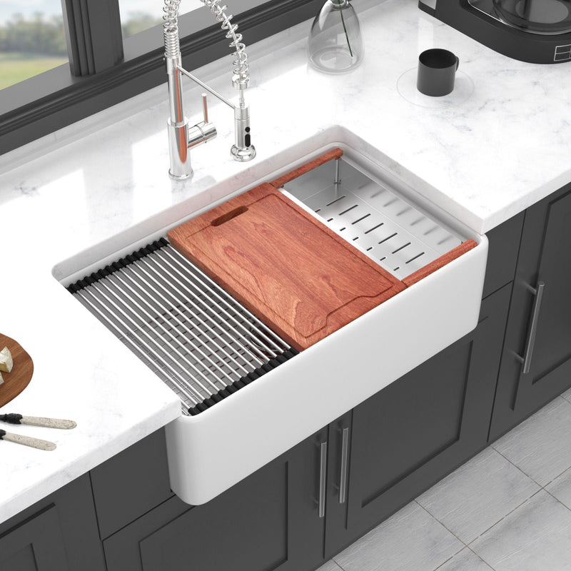 Farmhouse Sink Workstation, Ceramic Single Bowl With Accessories by HouseOfZazla