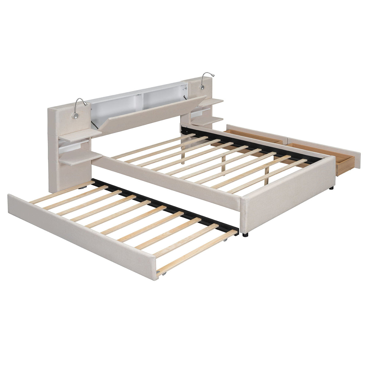 Upholstered Platform Bed With Reading Lights, Drawers, Trundle And Shelves, photo 13 of 14