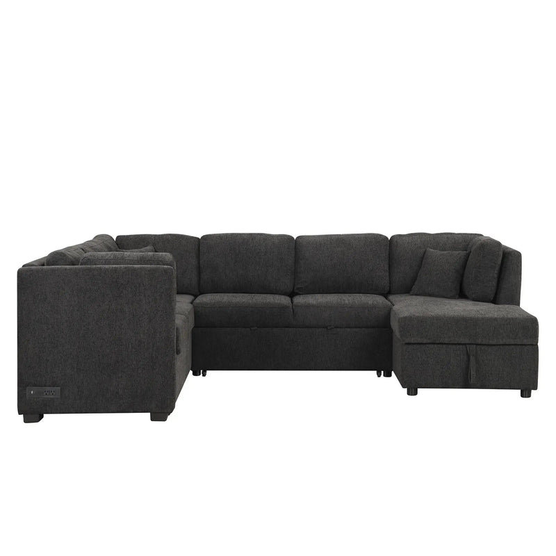 U-Shaped Sectional Sofa Pull Out Sofa Bed With Two USB Ports, Two Power Sockets, Three Back Pillows And A Storage Chaise For Living Room by HouseOfZazla