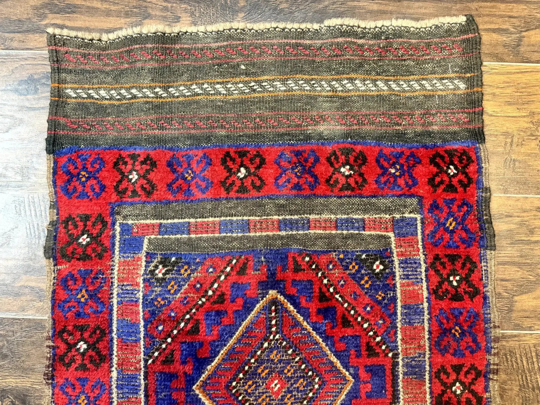 Turkoman Runner Rug 2 x 8.6, Skinny Runner, Handmade Wool Carpet for Hallway, Red and Blue, Wool, Vintage 8ft Runner by Jewel Rugs
