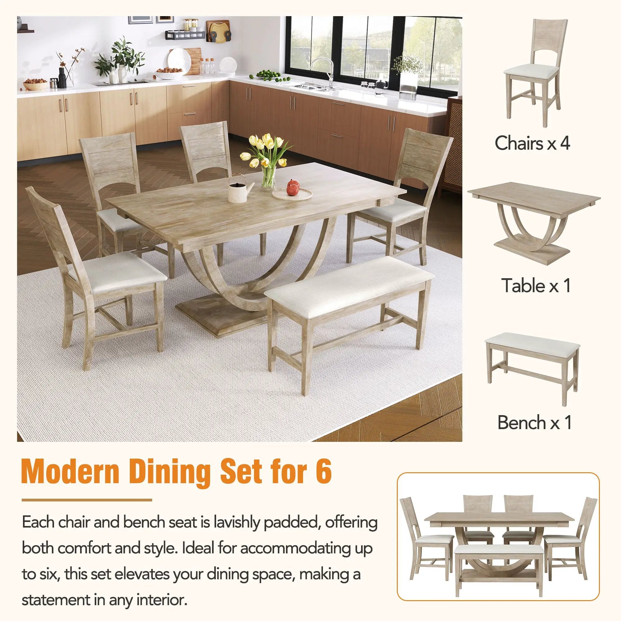 Topmax - 6 Piece Wood Half Round Dining Table Set Kitchen Table Set With Long Bench And 4 Dining Chairs, Modern Style by HouseOfZazla