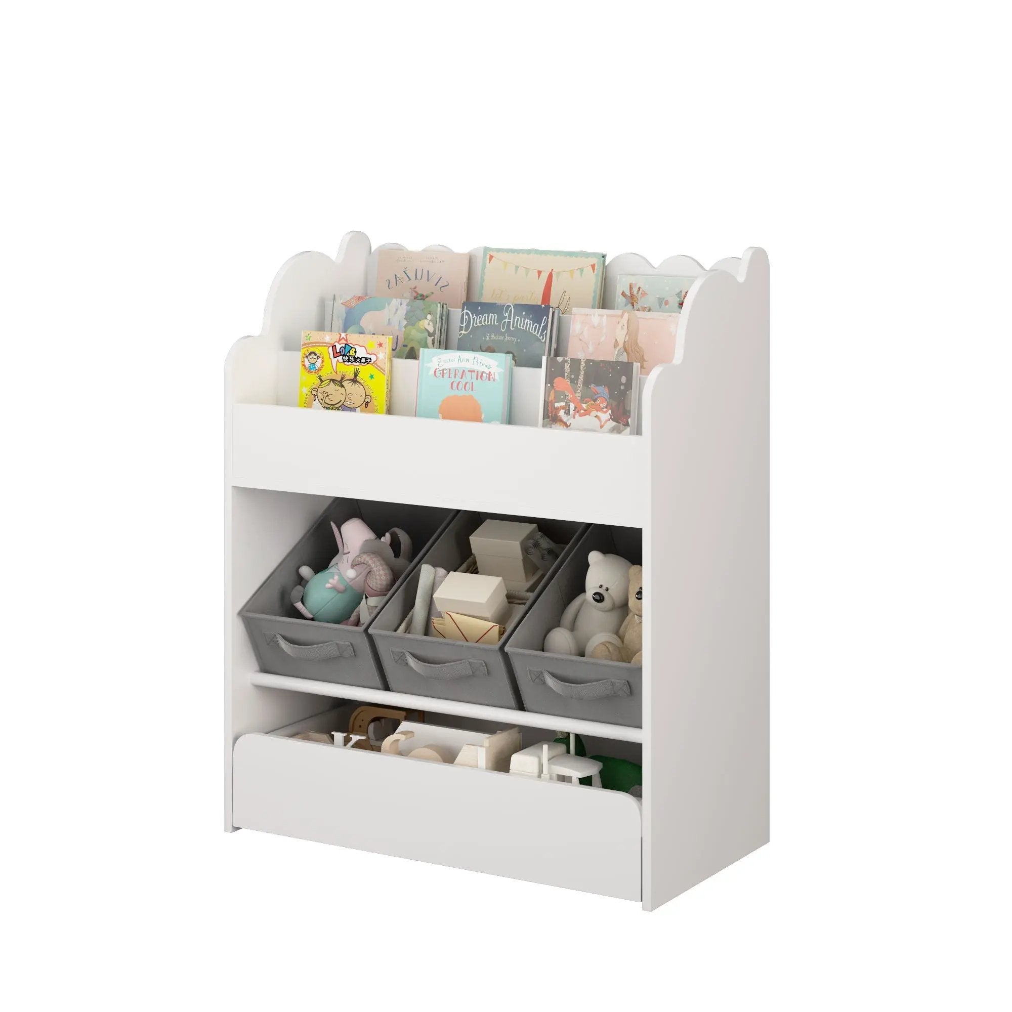 Bookshelf With Storage Bins And Drawer, Multi Functional Book Organizer For Toddlers - White by HouseOfZazla