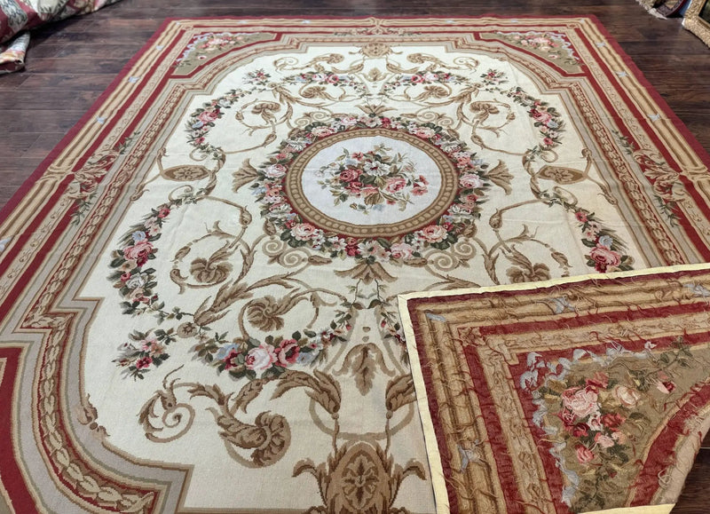 Aubusson Needlepoint Rug 9x11, Handmade Vintage Wool Flatweave Carpet, Elegant European Rug, Floral, Cream by Jewel Rugs