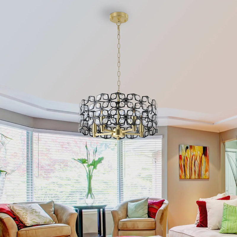 19" Geometric Crystal and Black Gold Round Pendant Chandelier by HouseOfZazla