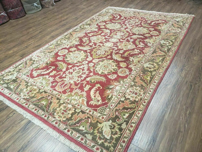 Indo Persian Rug 6x9, Hand Knotted Vintage Indian Sultanabad Agra Wool Rug, Handmade Oriental Carpet 6 x 9, Red Large Floral Design by Jewel Rugs