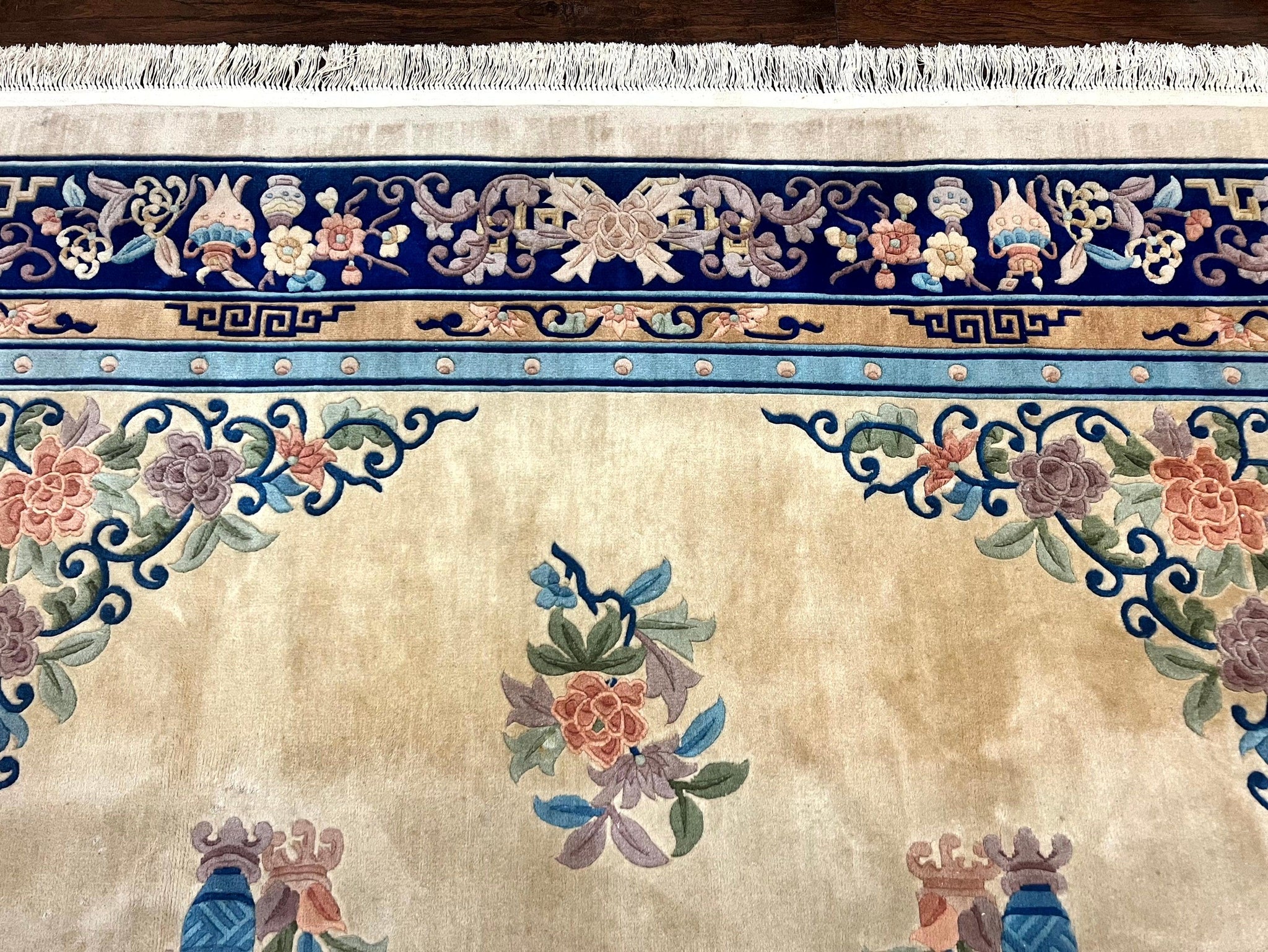 Chinese Wool Rug 8x11, Peking Asian Oriental Carpet, Cream/Ivory and Blue, Vintage Handmade Rug, Art Deco Rug by Jewel Rugs