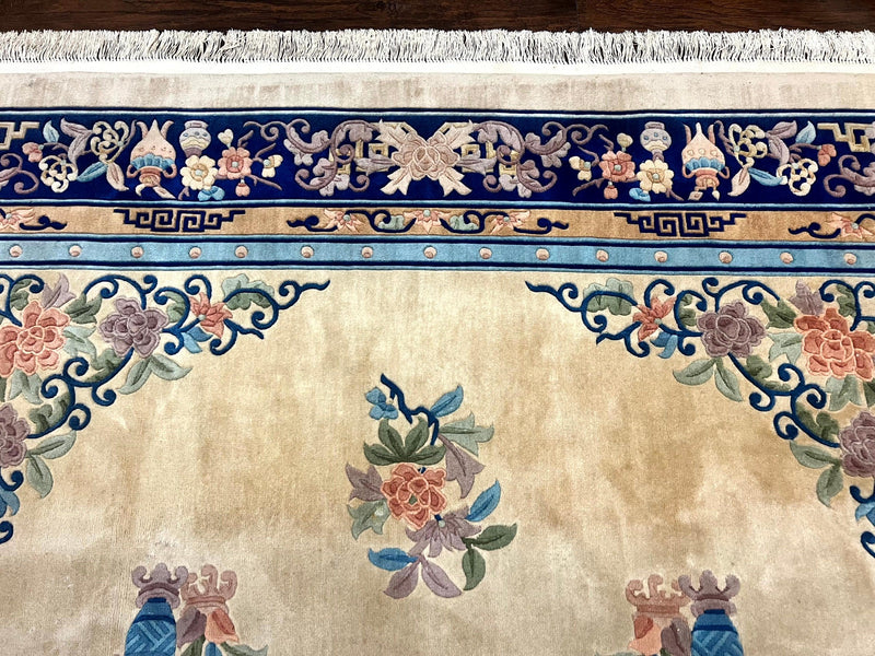 Chinese Wool Rug 8x11, Peking Asian Oriental Carpet, Cream/Ivory and Blue, Vintage Handmade Rug, Art Deco Rug by Jewel Rugs