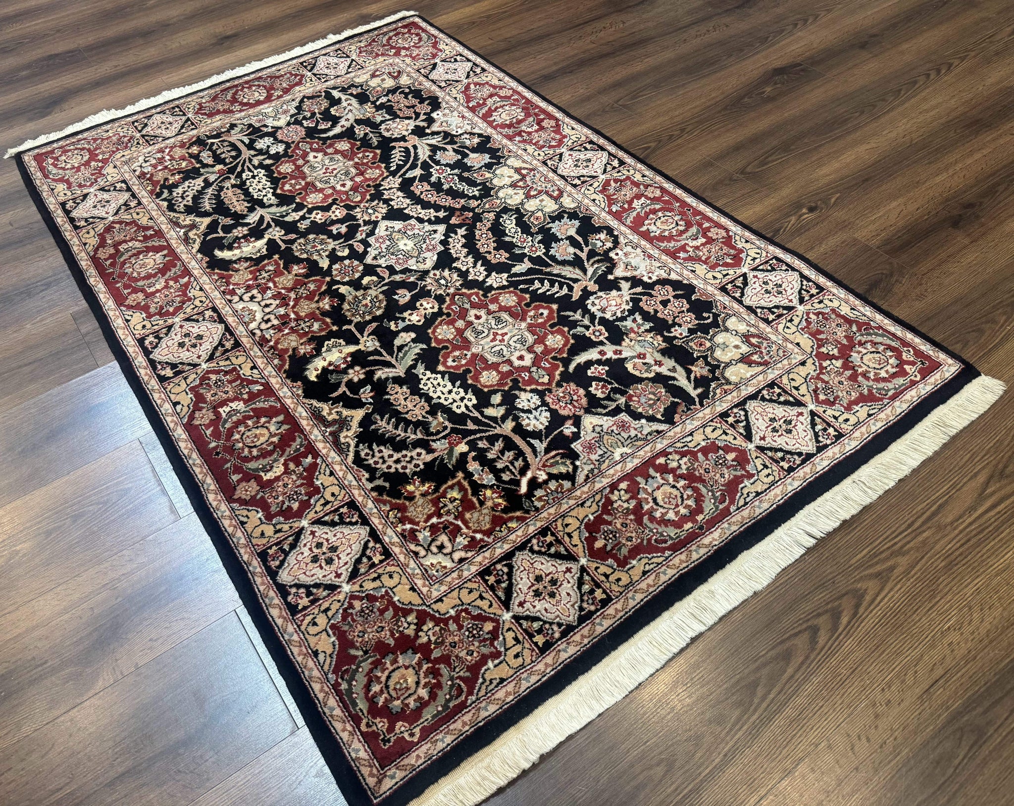 Pak Persian Rug 4x6, Black and Burgundy, Floral Allover, Wool and Silk by Jewel Rugs