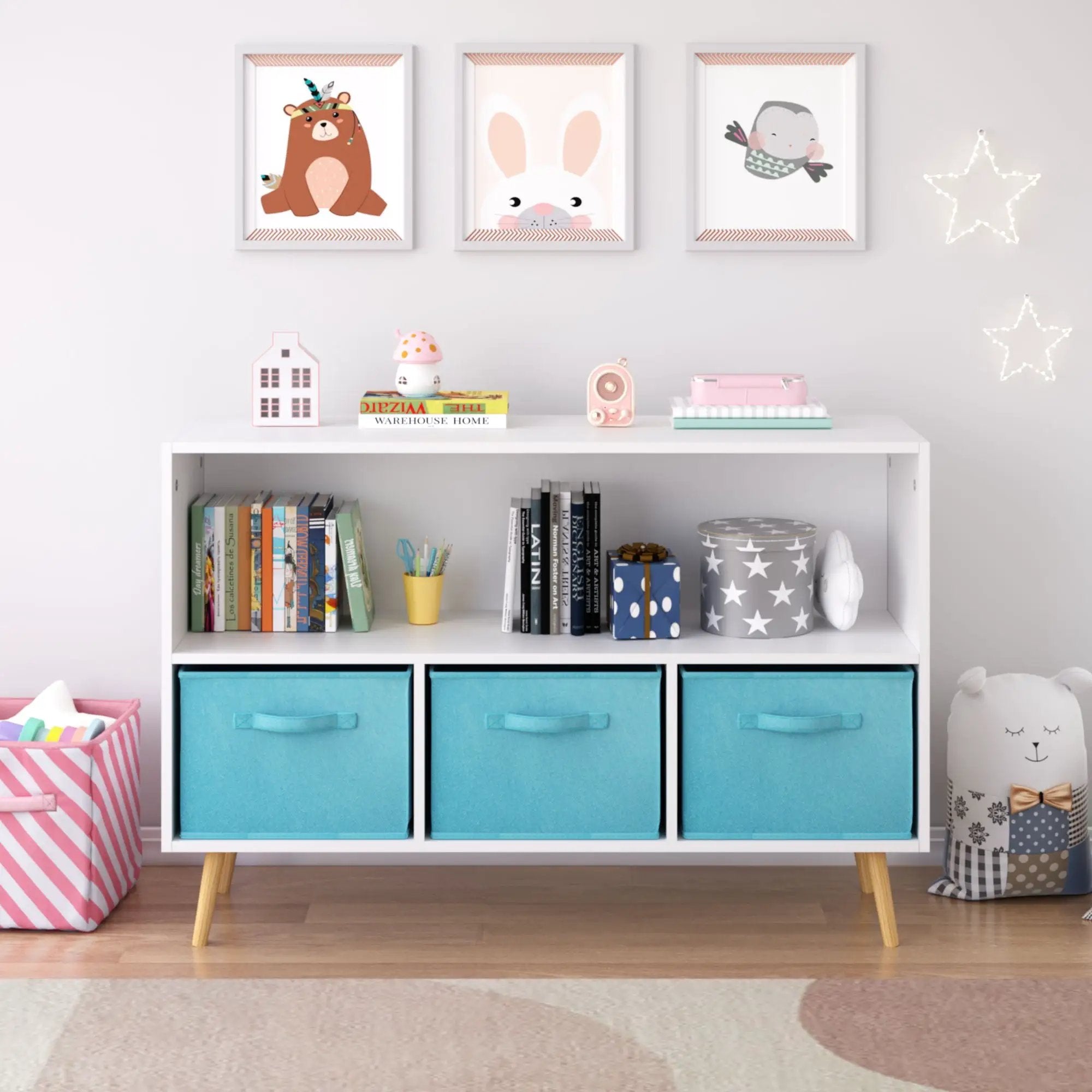 Bookcase With Collapsible Drawers, Book Display Storage Cabinet Organizer - White / Blue by Unique Piece Furniture