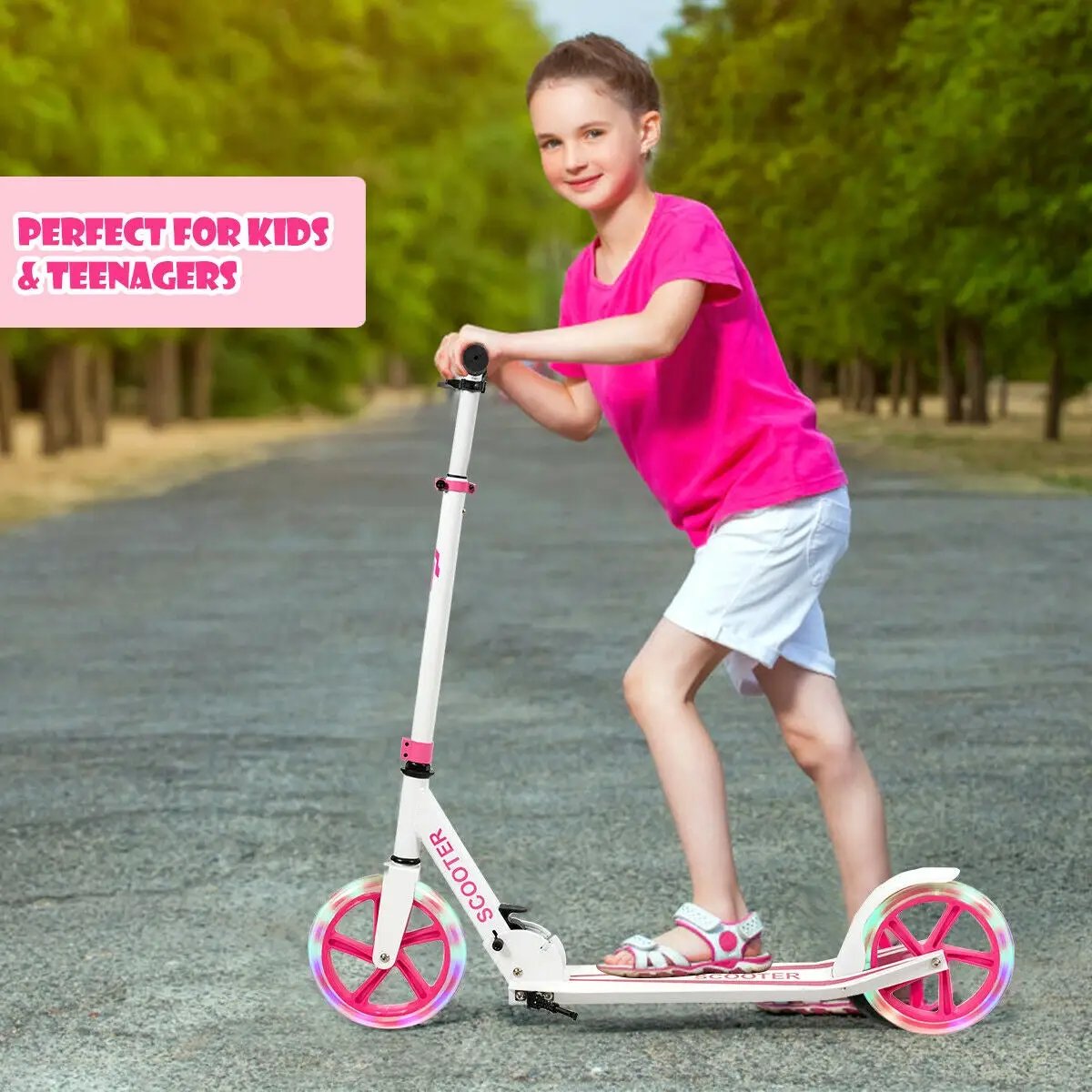 Portable Folding Sports Kick Scooter with LED Wheels-Pink by DirectDeals