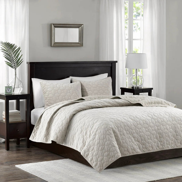 3 Piece Velvet Quilt Set Ivory Full/Queen