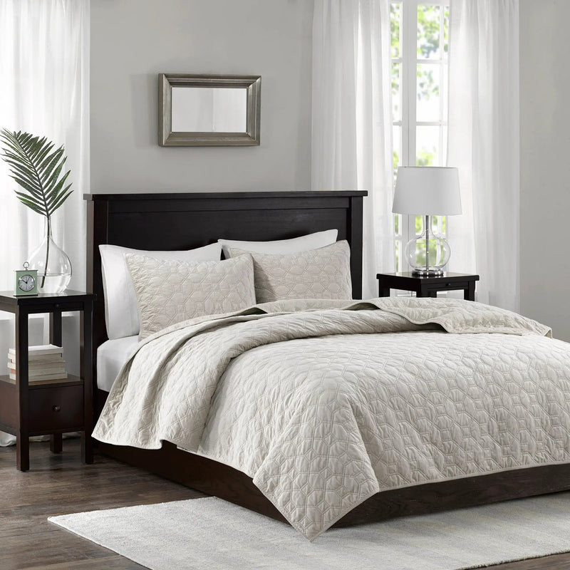 3 Piece Velvet Quilt Set Ivory Full/Queen by HouseOfZazla