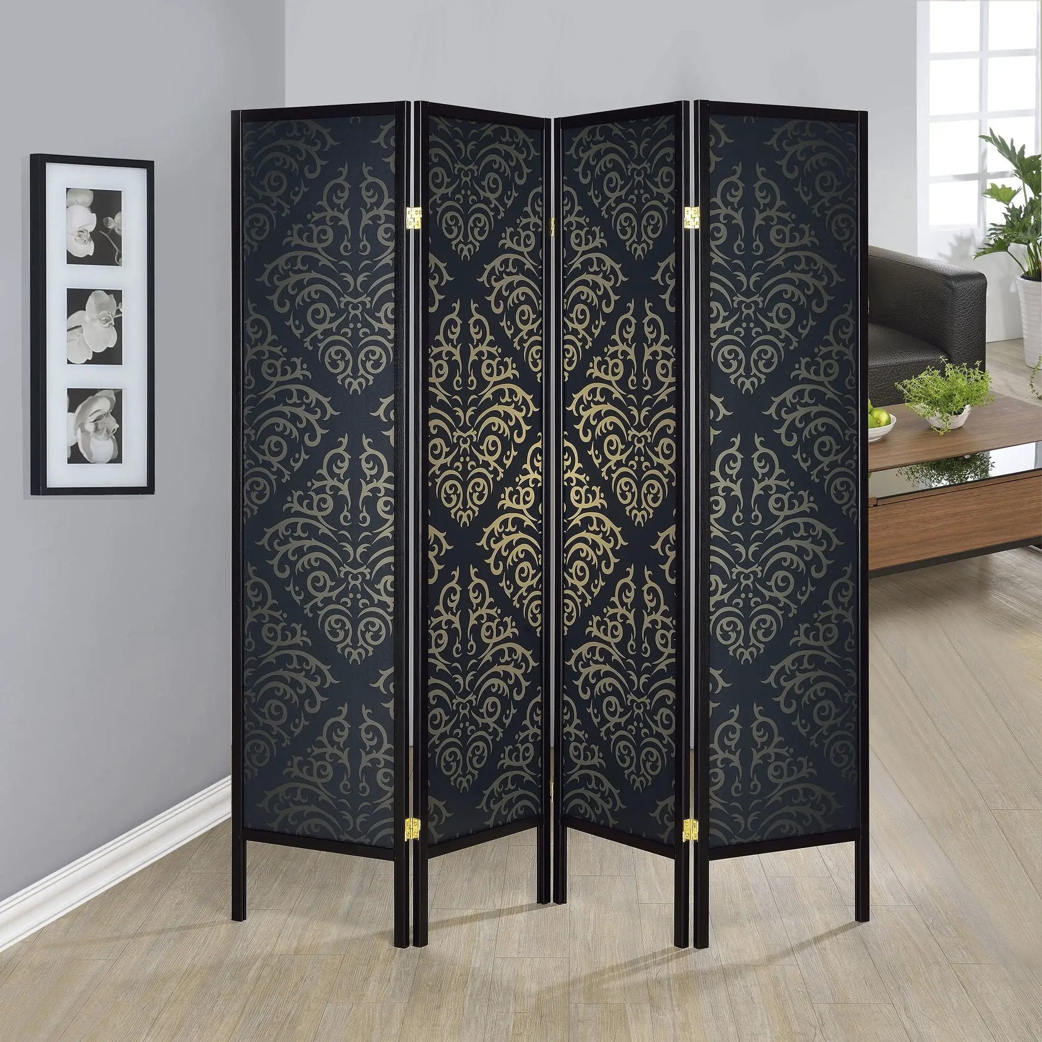 Haidera 4-Panel Room Divider Folding Screen Black Damask by Unique Piece Furniture
