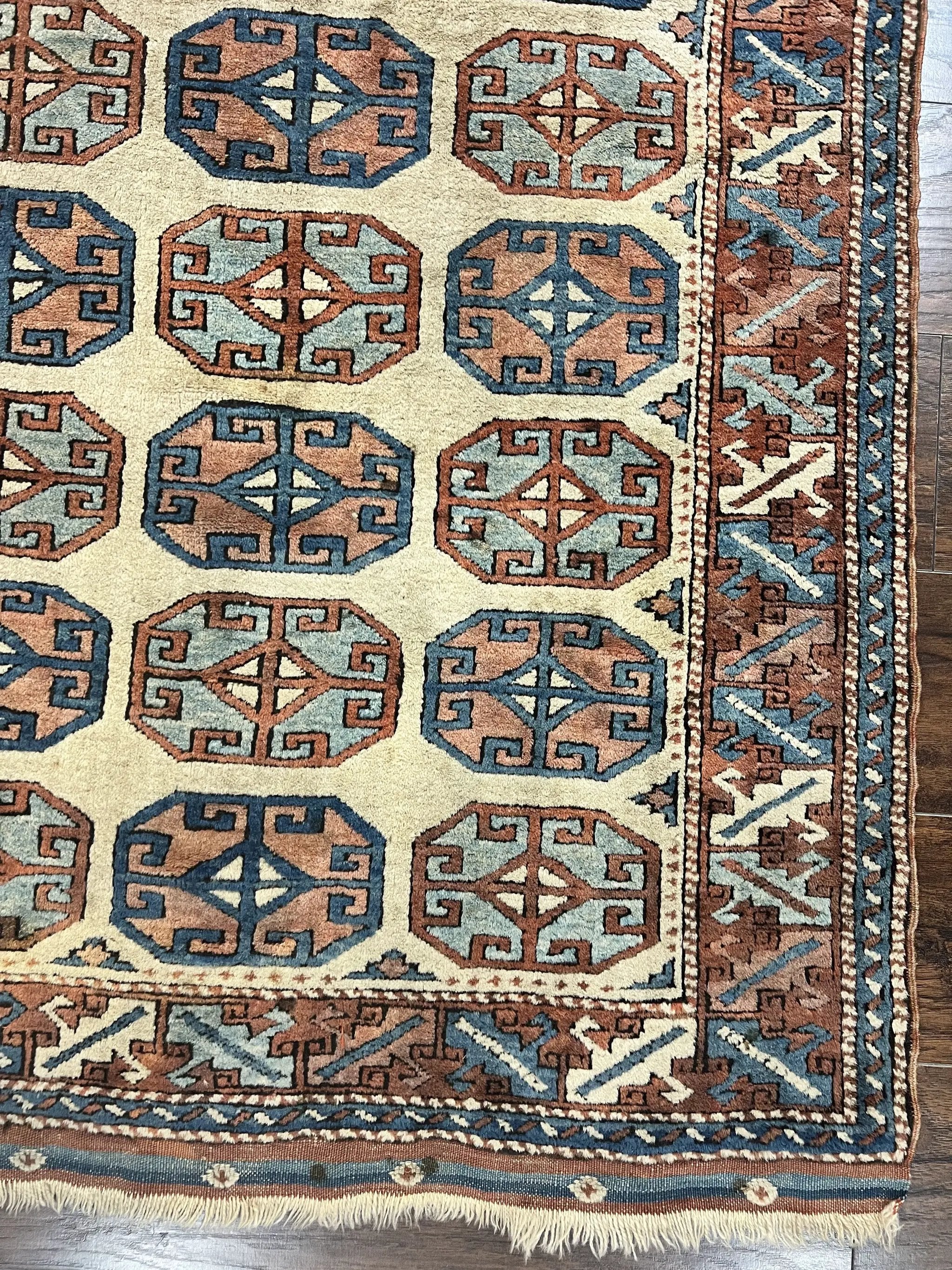 Turkish Kazak Rug 3x4, Wool Hand Knotted Handmade Vintage Carpet, Geometric Tribal Repeated Motif, Small 3 x 4 Antique Rug, Cream Red by Jewel Rugs