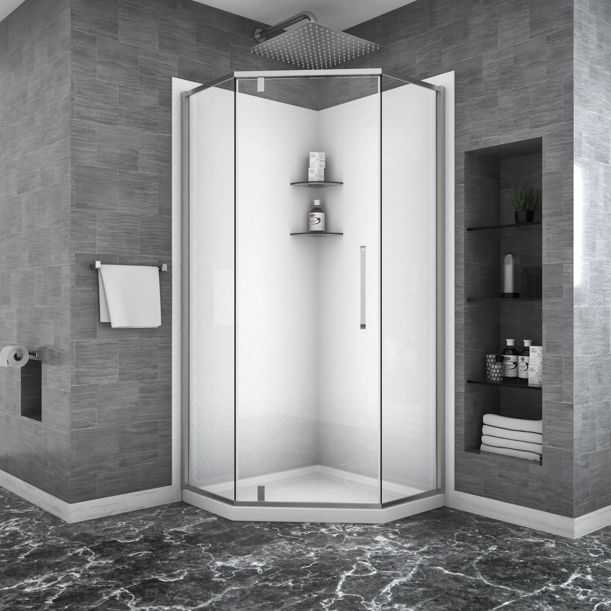 Semi Frameless Neo Angle Hinged Shower Enclosure With Clear Tempered Glass - Brushed Nickel by HouseOfZazla