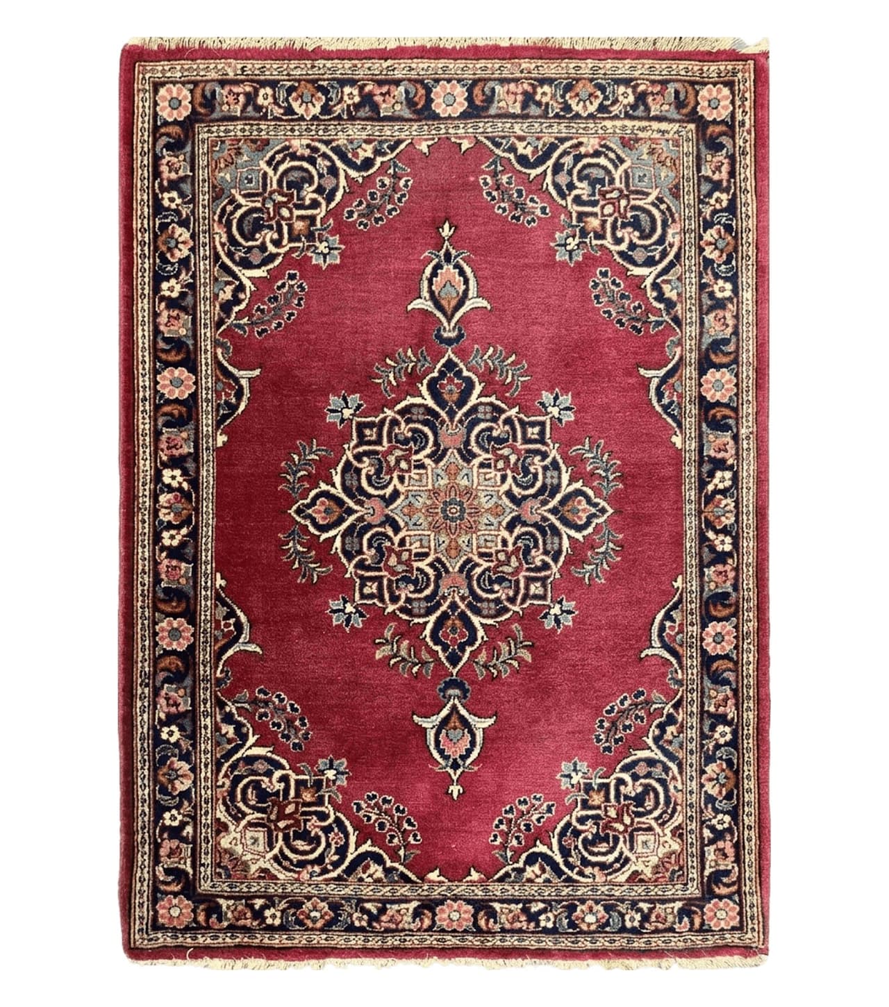 Small Persian Kashan Rug 2x3, Red and Navy Blue, Handmade Vintage Wool Semi Antique Persian Carpet, Semi Open Field by Jewel Rugs