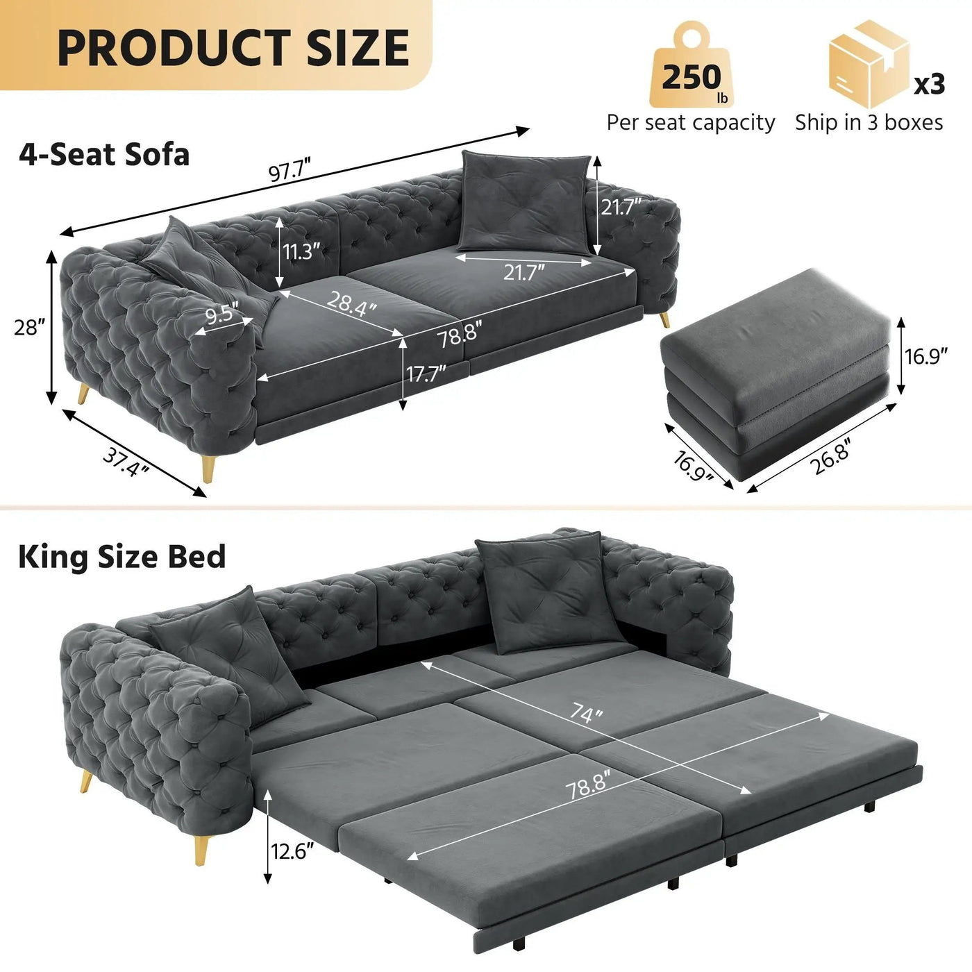 3 In 1 Convertible Sleeper, Deep Seat Pull Out Sofa Bed, Button Tufted by HouseOfZazla