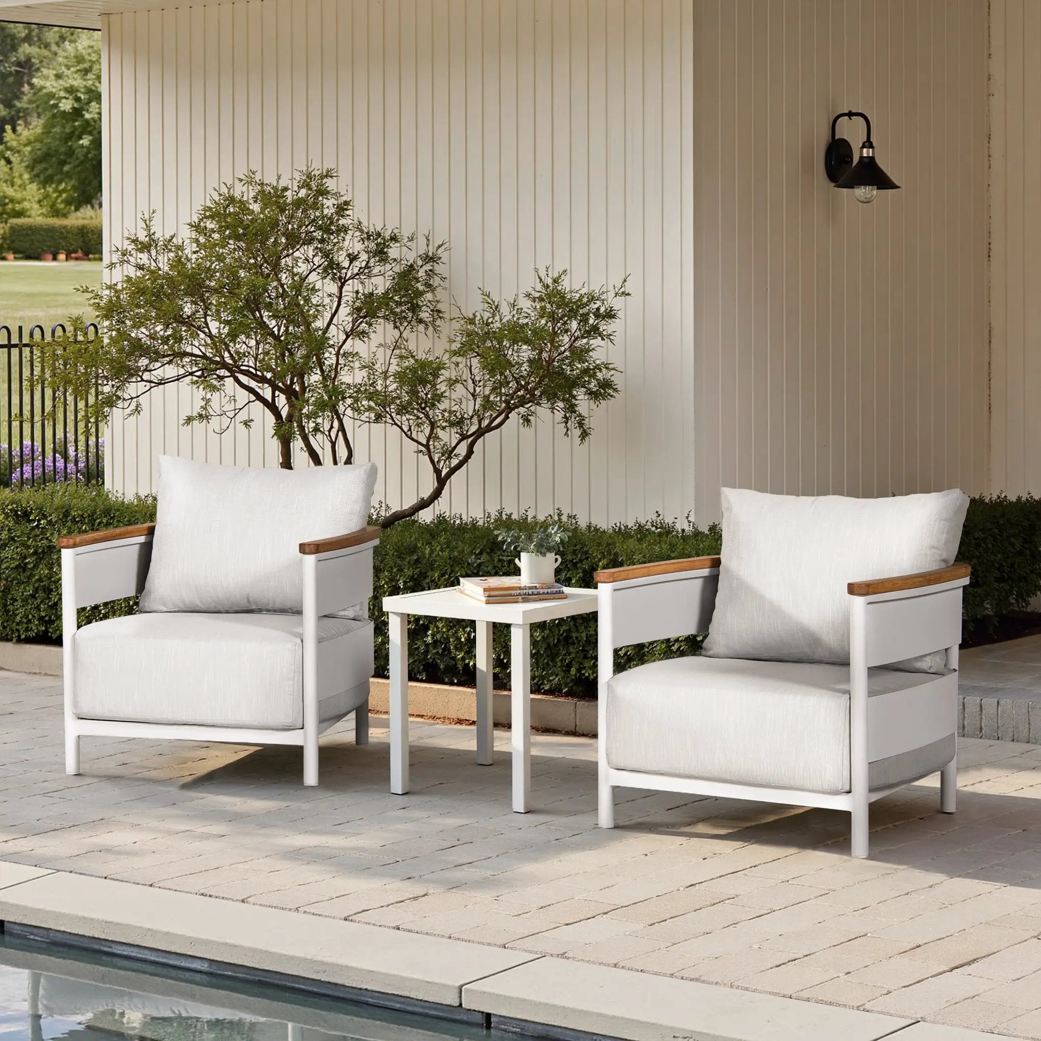 Rhodes 29" Upholstered Teak & Aluminum Patio Arm Chair Birch by HouseOfZazla