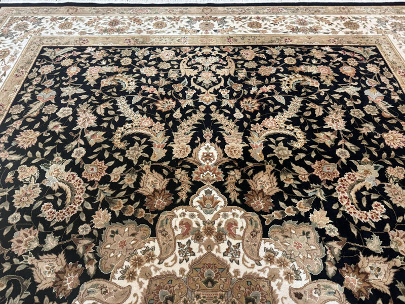Sino Persian Rug 9x12, Floral Medallion, Black and Ivory, Elegant by Jewel Rugs