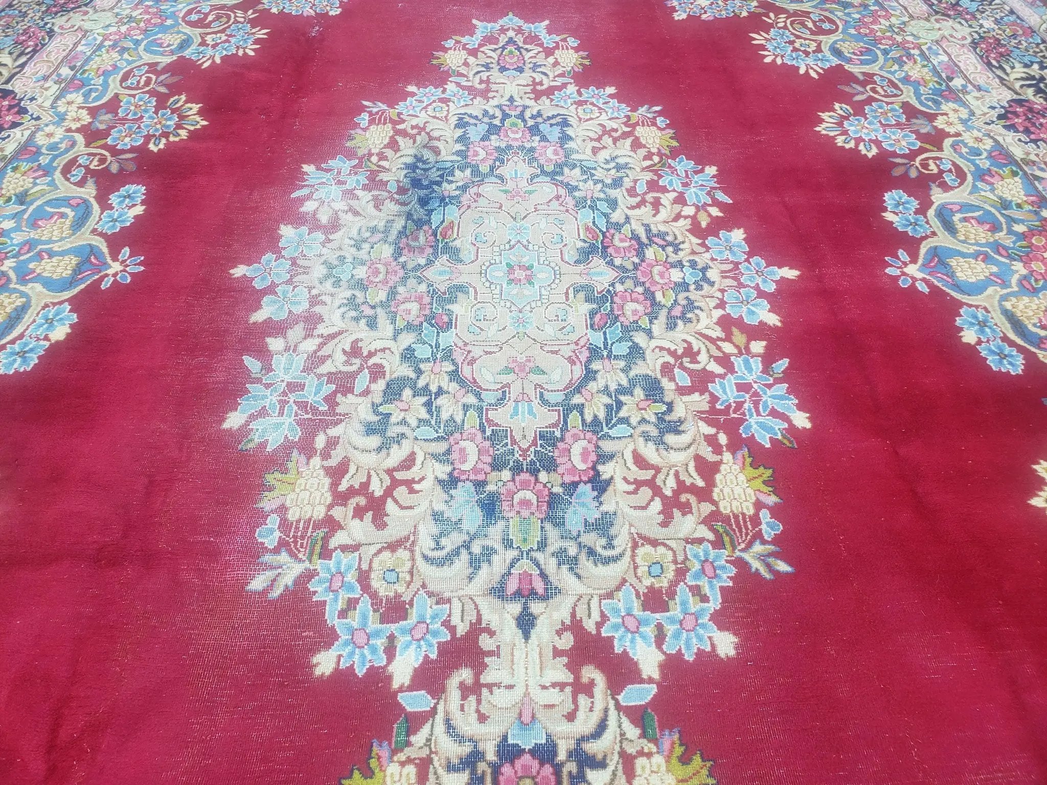 Antique Persian Kirman Rug 10x17 Oriental Carpet 10 x 17, Red, Multicolor, Namazian Signature Master Weaver, Shabby Chic, Semi Open Field by Jewel Rugs