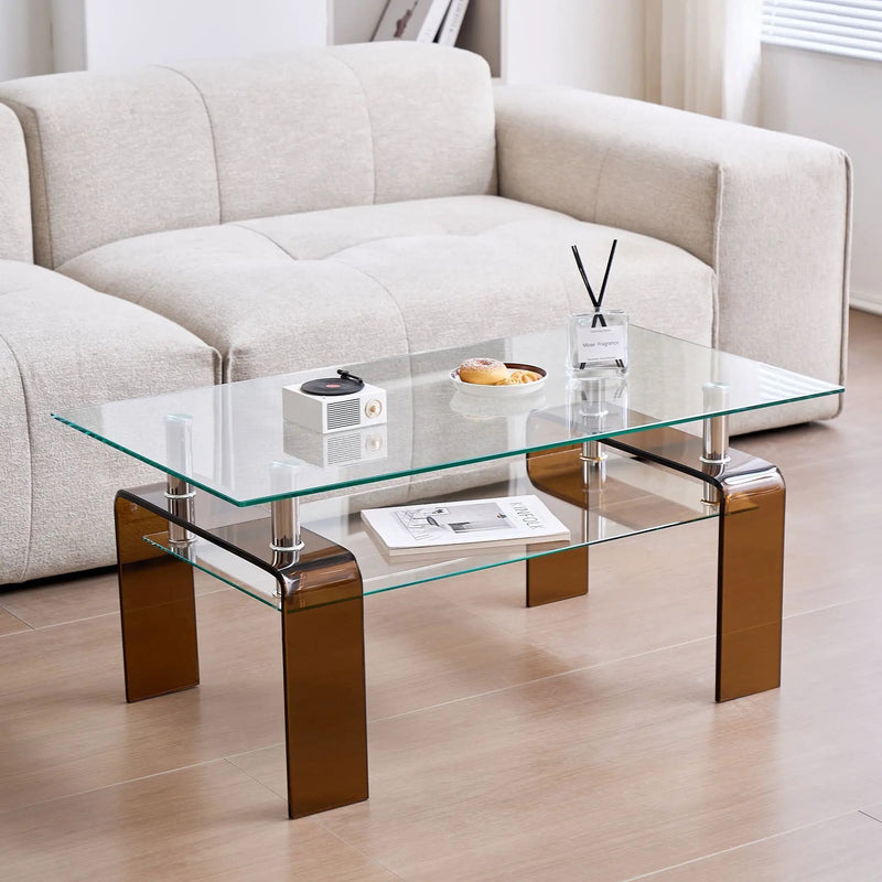 Modern Tempered Glass Coffee Table With 2 Tier Storage For Living Room by HouseOfZazla