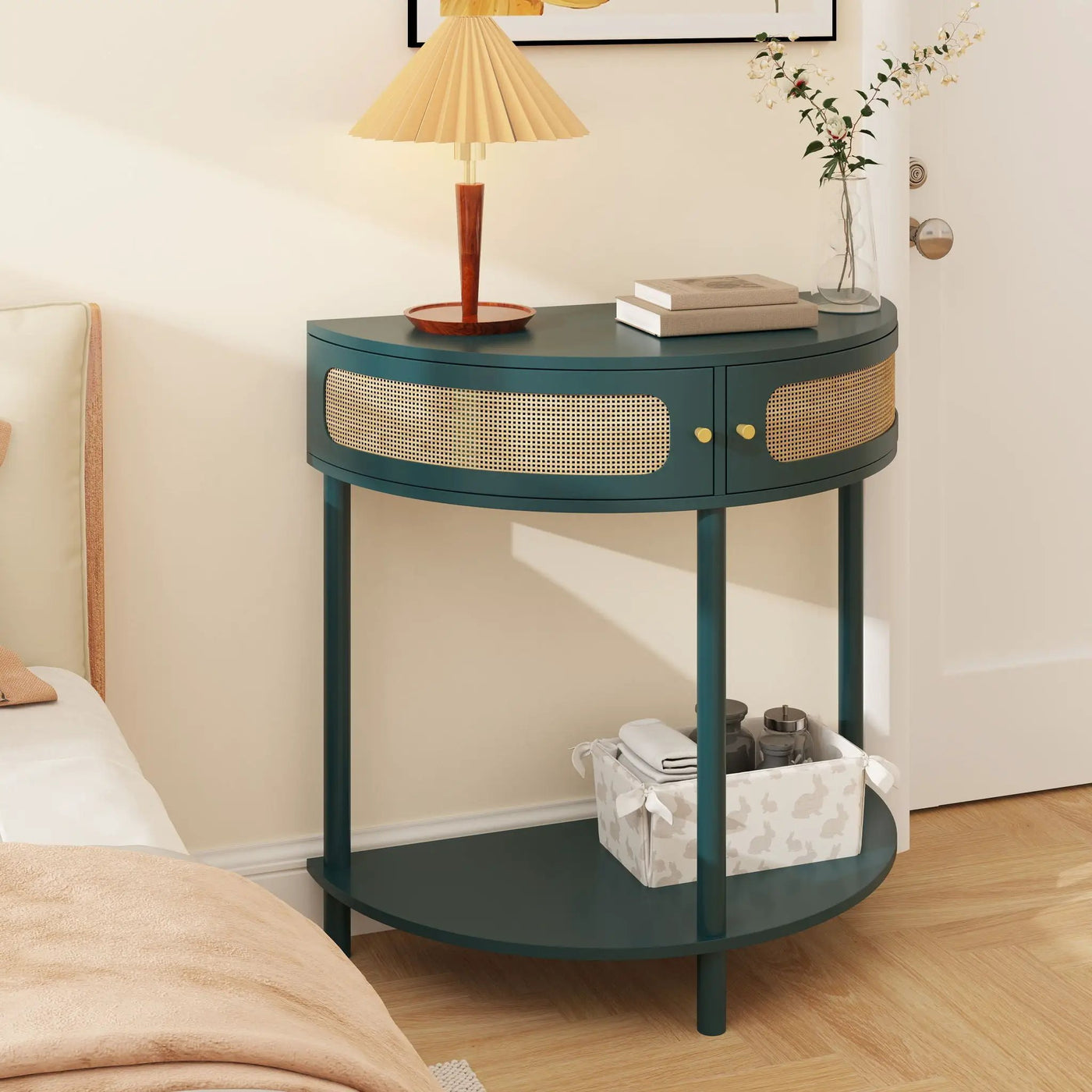 Boho Rattan Semi Circle End Table With Sliding Rattan Door, Storage And Bottom Shelf by HouseOfZazla