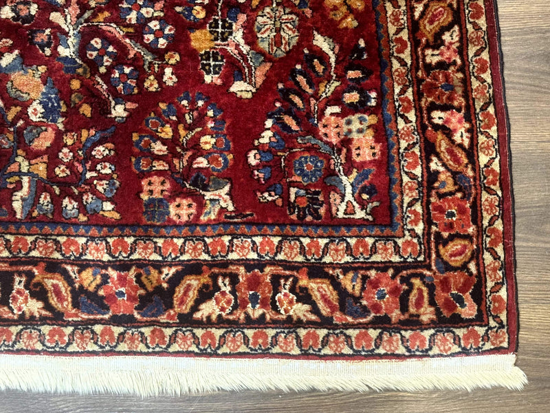 Antique Persian Sarouk Rug 4x6, Floral, Red, Wool Hand Knotted Fine 225 KPSI by Jewel Rugs