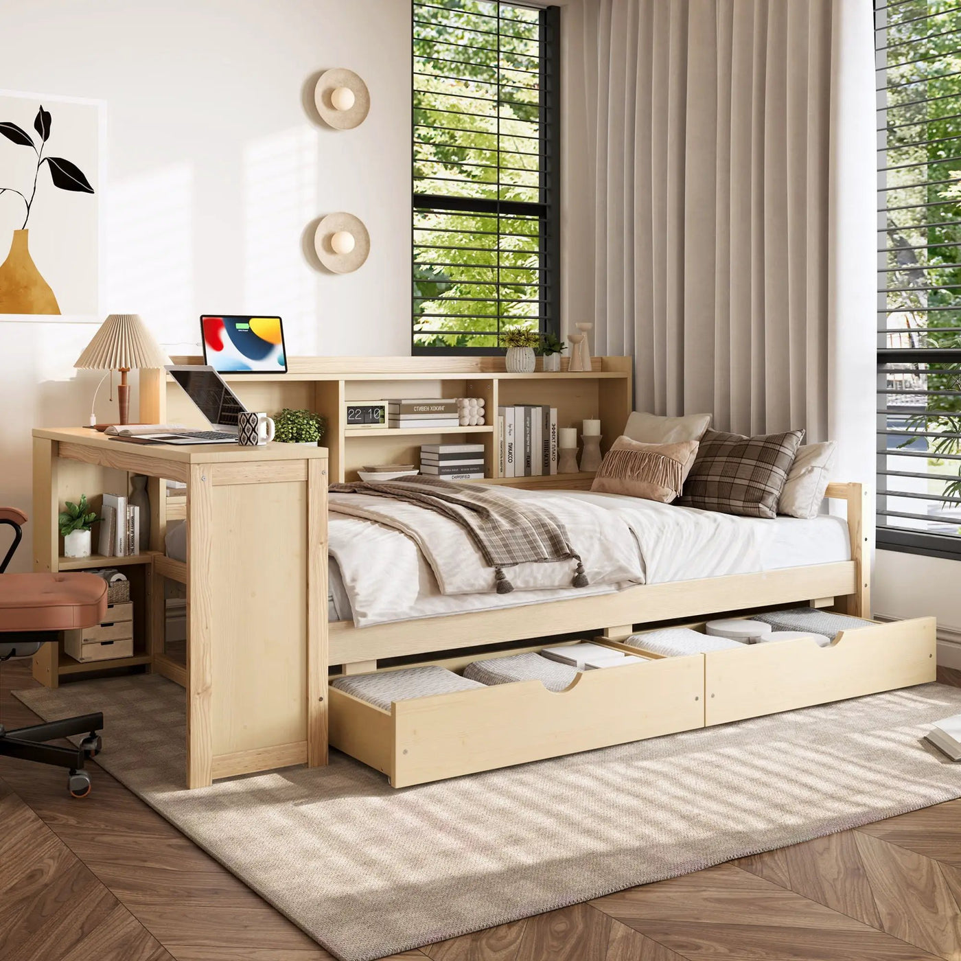 Corner Daybed With Storage Drawers, Desk, Charging Port & Bookcase by Unique Piece Furniture