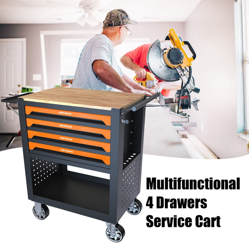 4 Drawers Multifunctional Tool Cart With Wheels And Wooden Top by HouseOfZazla