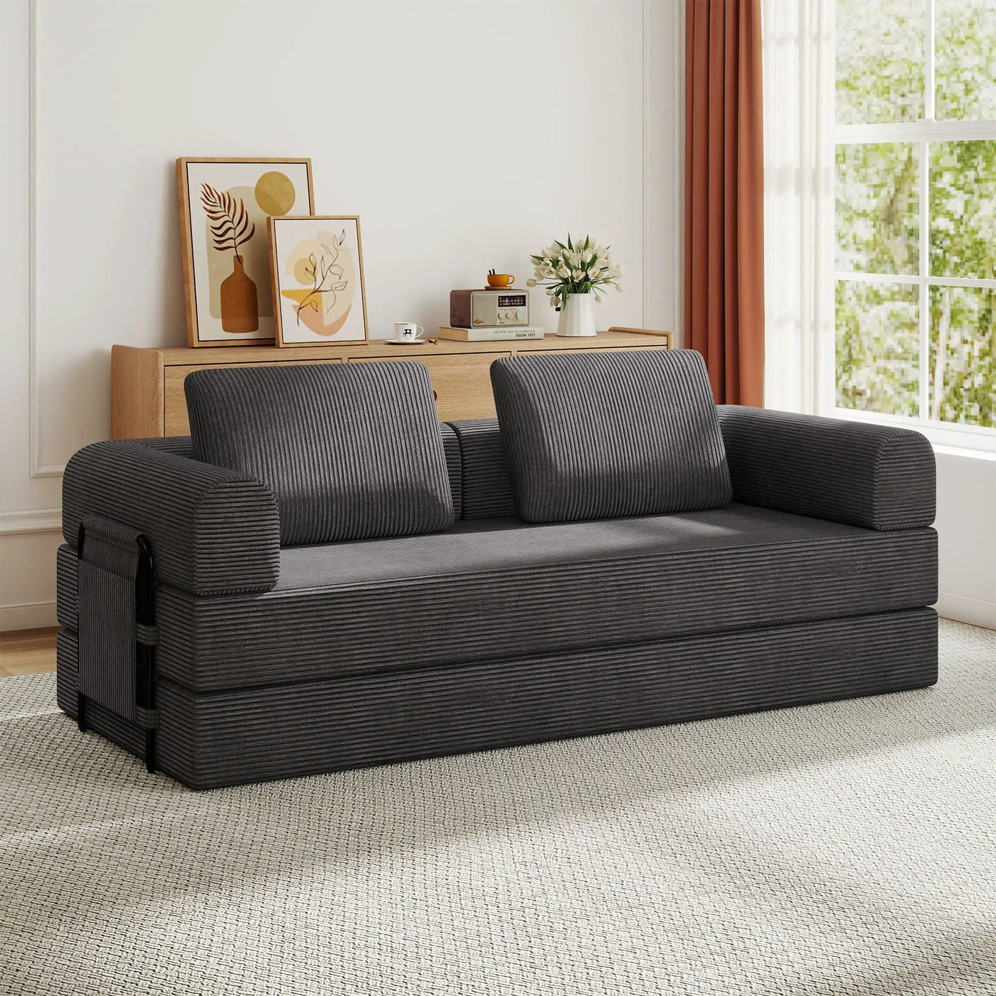 Convertible Sleeper Sofa Bed With Cylindrical Pillow, Fixed Shape Frame by Unique Piece Furniture