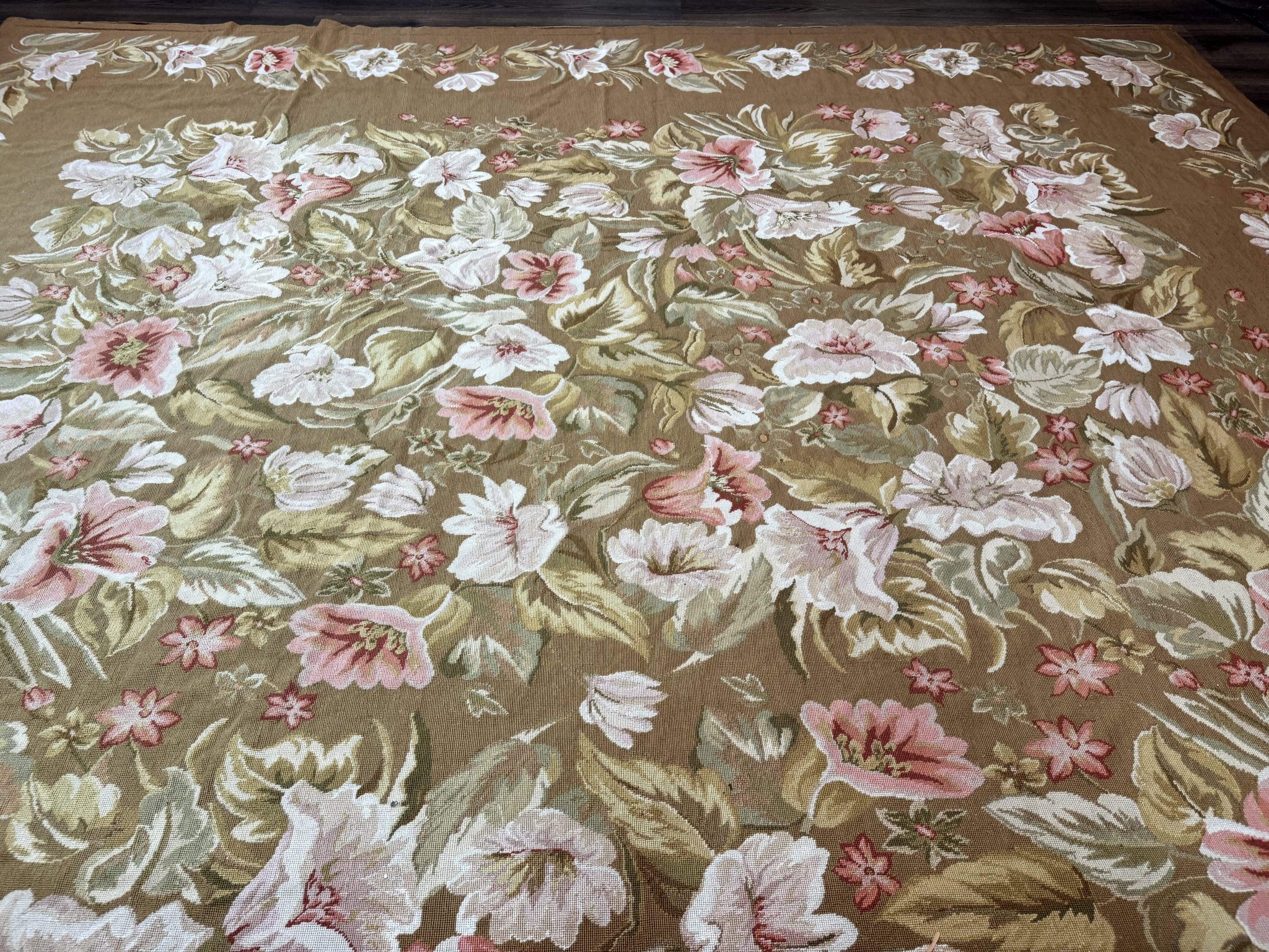 Large Needlepoint Rug 11x14, Vintage Floral Wool Carpet, Caramel by Jewel Rugs