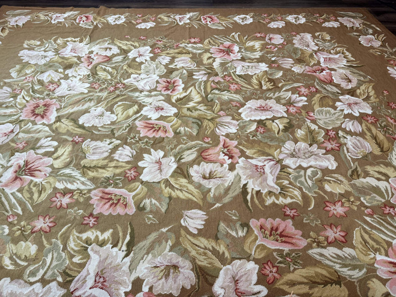 Large Needlepoint Rug 11x14, Vintage Floral Wool Carpet, Caramel by Jewel Rugs