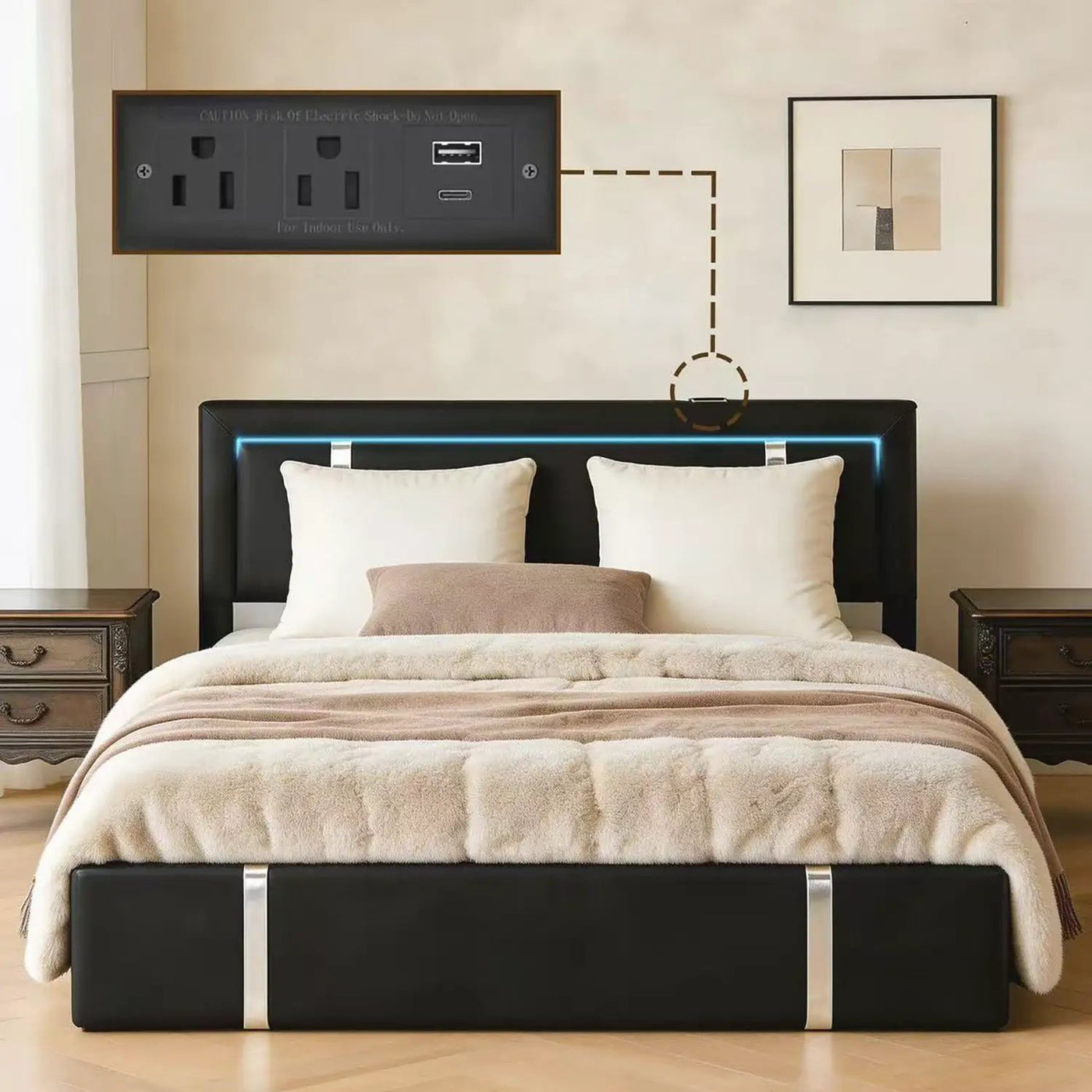 Upholstered Platform Bed Frame With Adjustable LED Headboard, USB C-Charging, Hydraulic Lift by HouseOfZazla