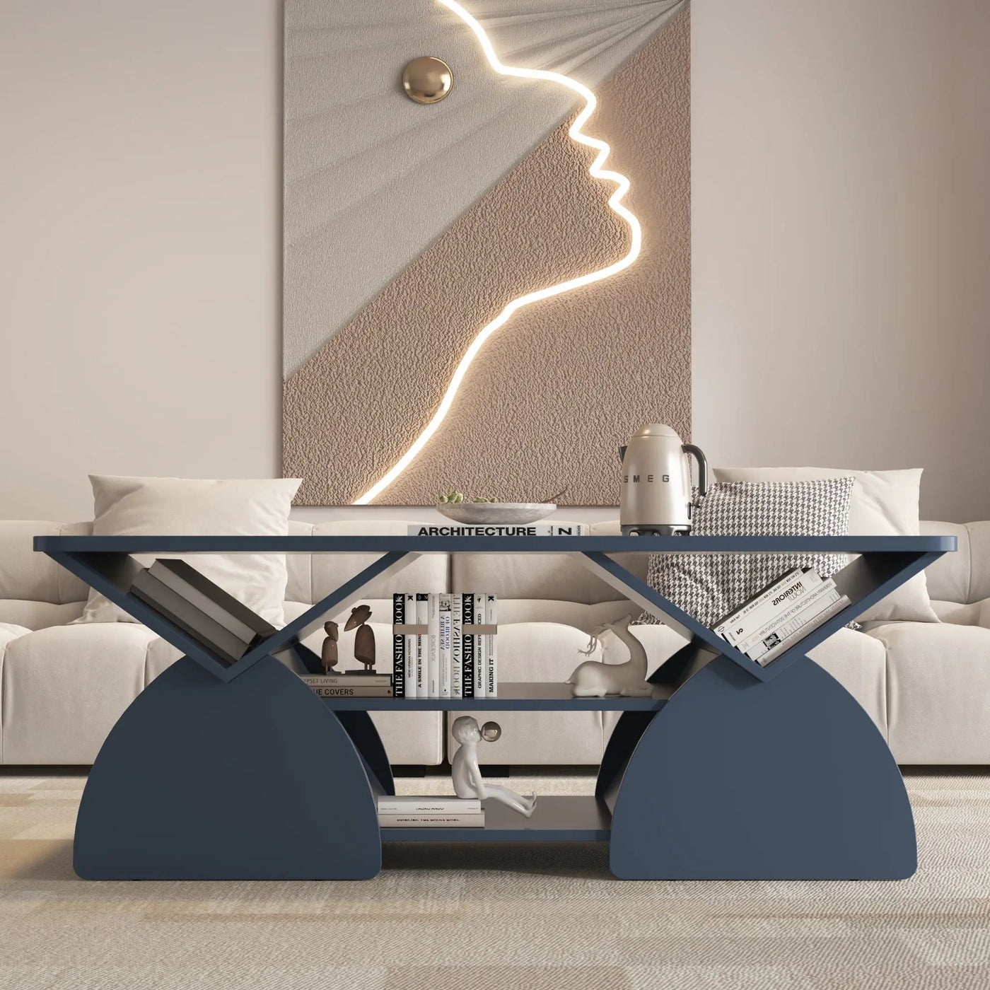 Geometric Engineered Coffee Table with Rounded Corners and Open Shelves by HouseOfZazla