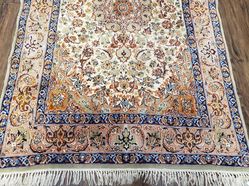 Vintage Persian Isfahan Lachak Toranj Rug, Highly Detailed, Kork Wool on Silk Foundation, Beige and Dark Blue, Hand-Knotted, 3'6" x 5' 4" by Jewel Rugs