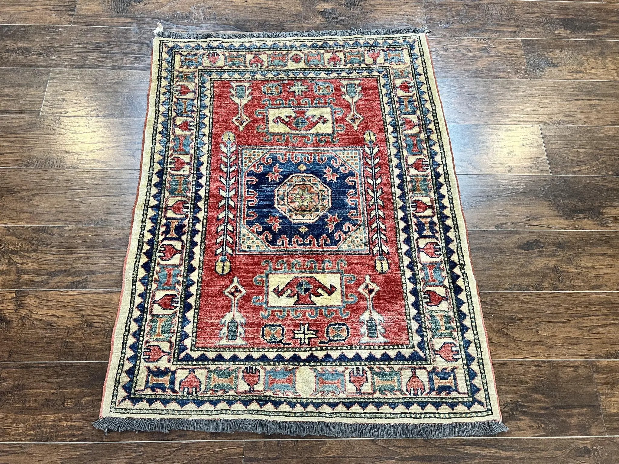 Turkish Kazak Rug 3x4, Wool Hand Knotted Small Vintage Carpet, Red Navy Blue, 3 x 4 Oriental Rug, Geometric Design by Jewel Rugs