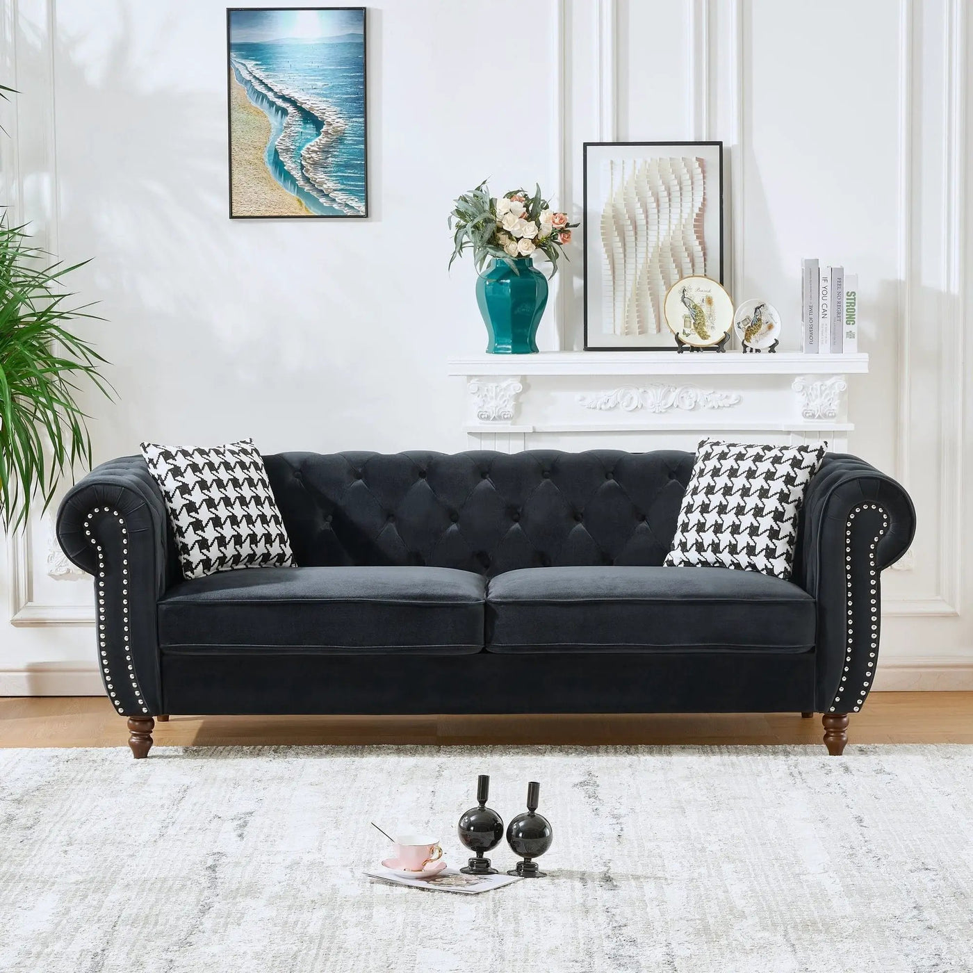 Chesterfield Upholstery Fabric Sofa With Roll Armrest & Nailhead by HouseOfZazla