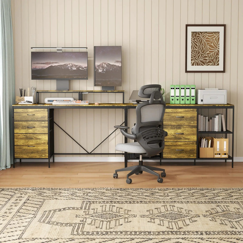 Industrial L Shaped Computer Desk With Power Outlets & USB-C, 6 Fabric Drawers, 3 Open Shelves, Movable Monitor Stands - Brown by HouseOfZazla