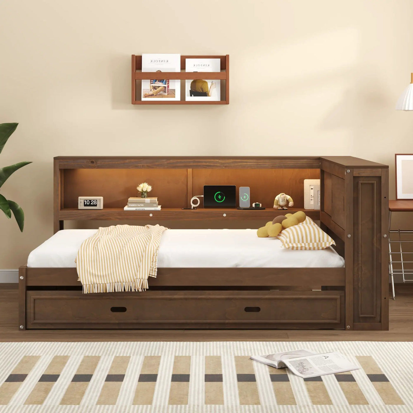 Daybed With Storage Shelves, LED, USB, And Trundle by HouseOfZazla