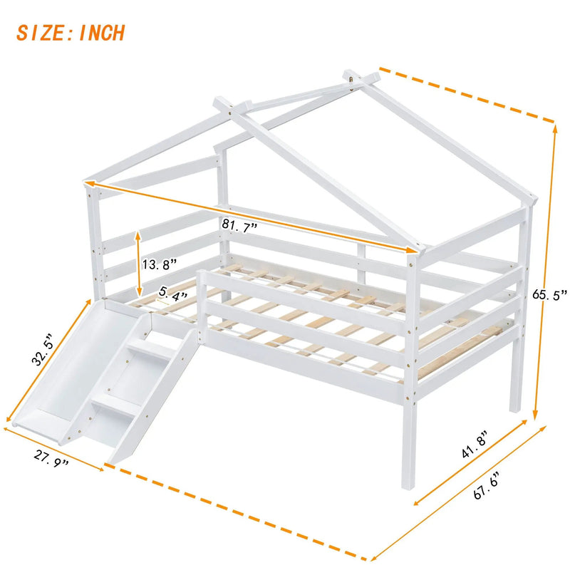 Low Loft House Bed With Slide, Ladder, Safety Guardrails, House Roof Frame by HouseOfZazla
