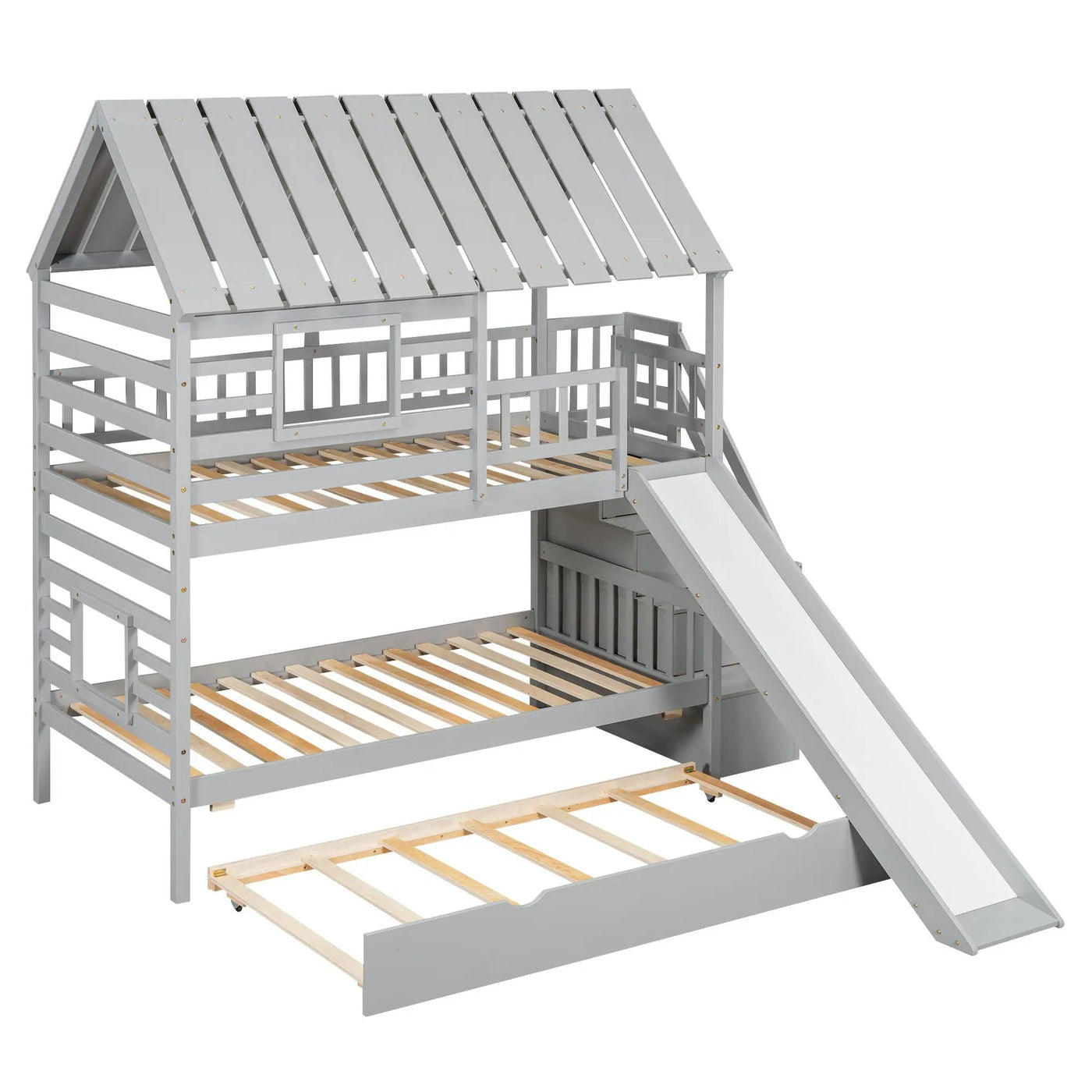 House Bunk Bed With Trundle, Storage Staircase, Roof And Window Design by HouseOfZazla