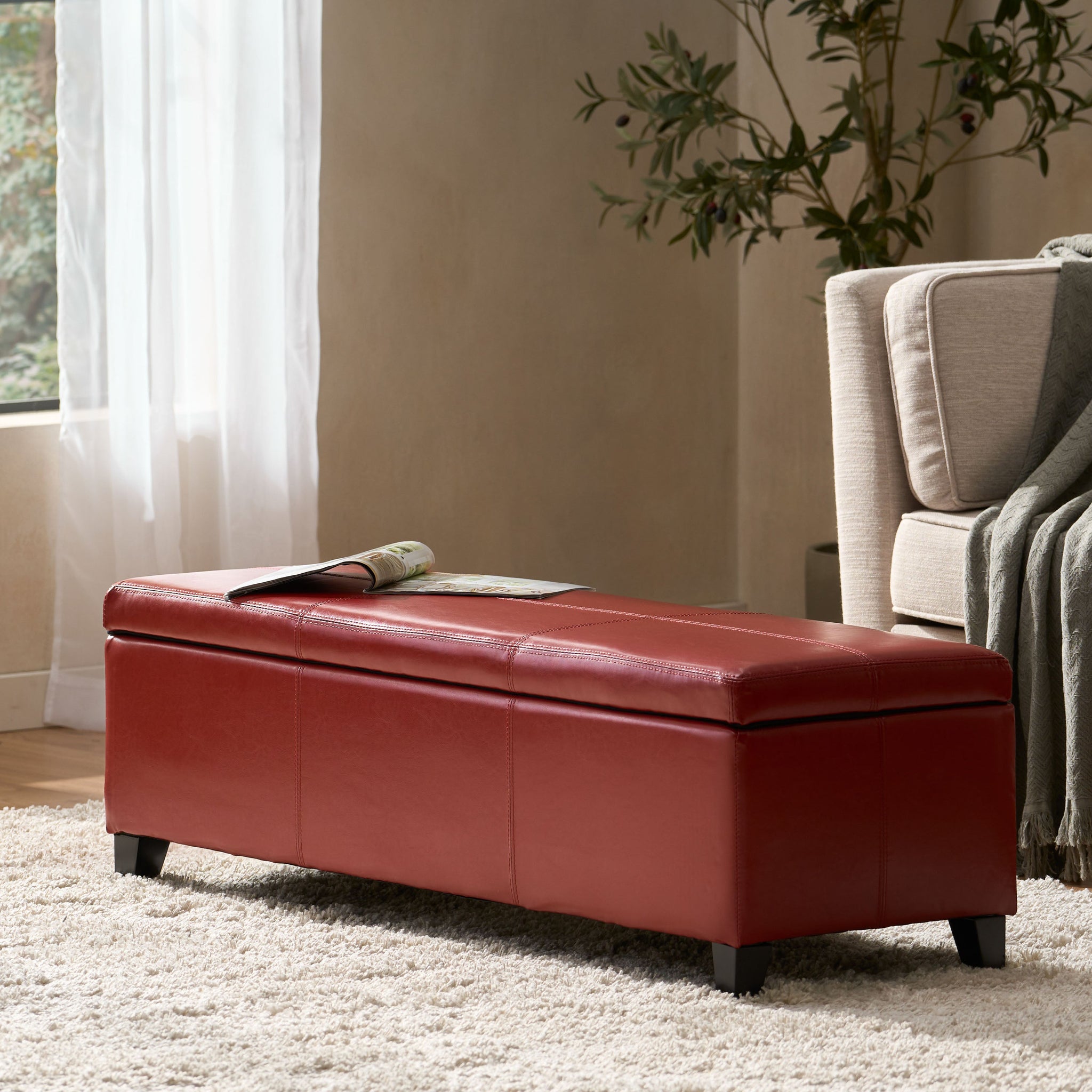 Upholstered PU Leather Storage Ottoman, Solid Wooden Legs by HouseOfZazla