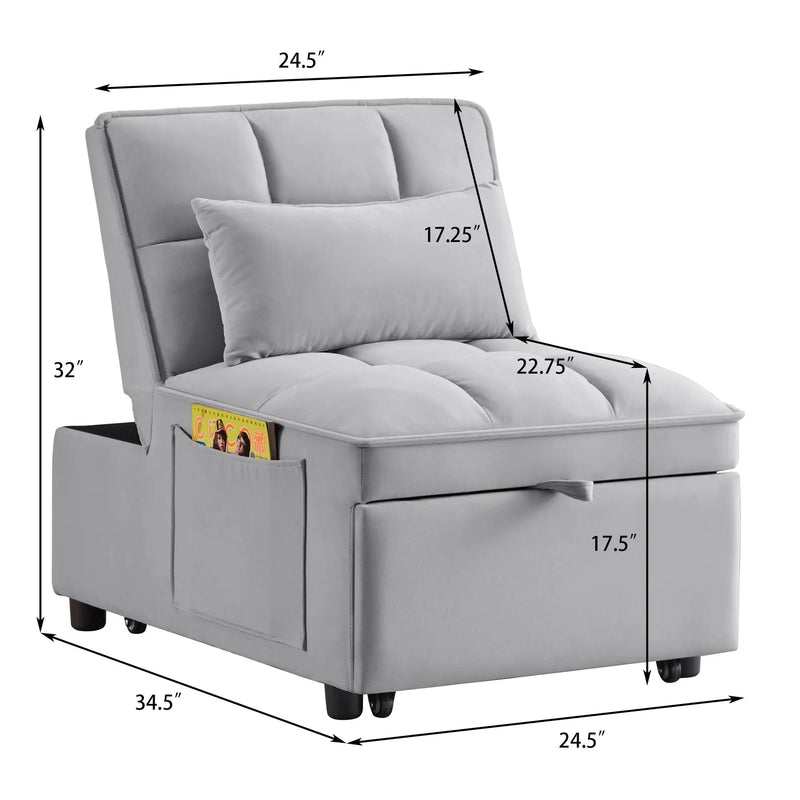 4 in 1 Multi-Function Single Sofa Bed with Storage Pockets Gray by HouseOfZazla