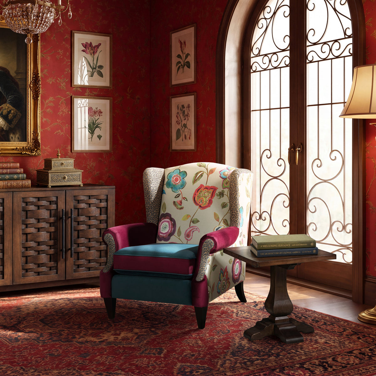 Anya Boho Chic Wingback Accent Arm Chair with Floral Print - Blue or Teal Multi, photo 3 of 10