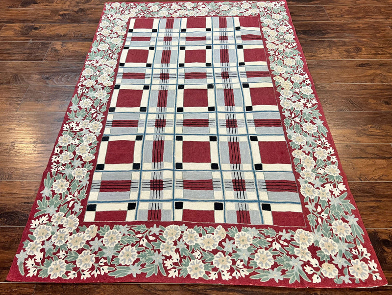 Indian Hand Stitched Rug 4x6, Vintage Carpet, Checkerboard Floral Pattern, Maroon Ivory, Flatweave, Wool by Jewel Rugs